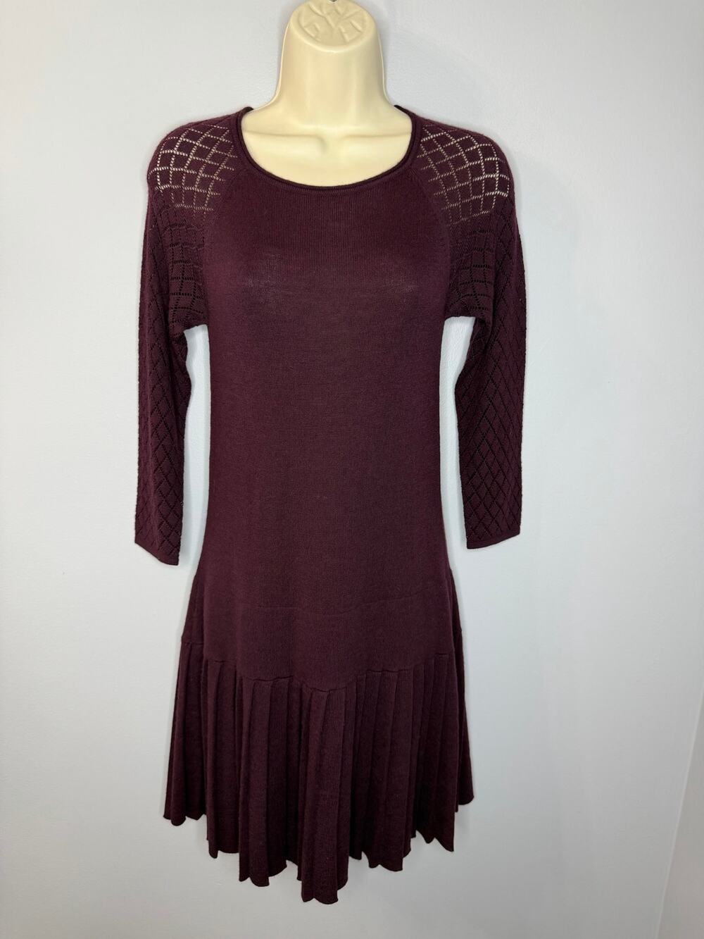 Shashanna Merino Wool Blend Knit Sweater Pleated Sweater Dress Burgundy Sz S